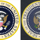 The real presidential seal (left) compared with the fake presidential seal that appeared behind President Trump on July 23, 2019